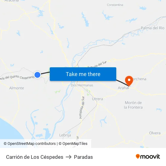 Carrión de Los Céspedes to Paradas map