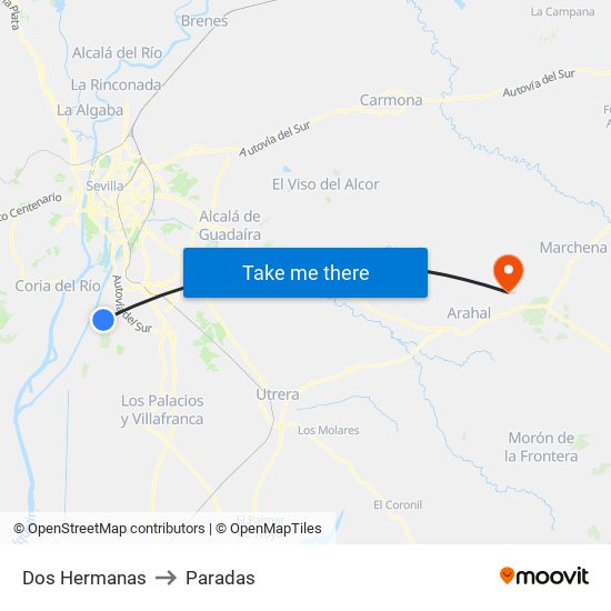 Dos Hermanas to Paradas map
