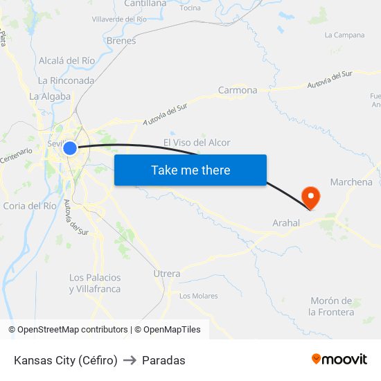 Kansas City (Céfiro) to Paradas map