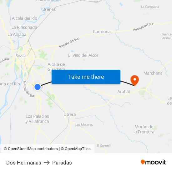 Dos Hermanas to Paradas map