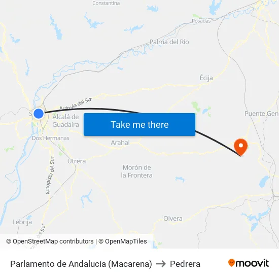 Parlamento de Andalucía (Macarena) to Pedrera map