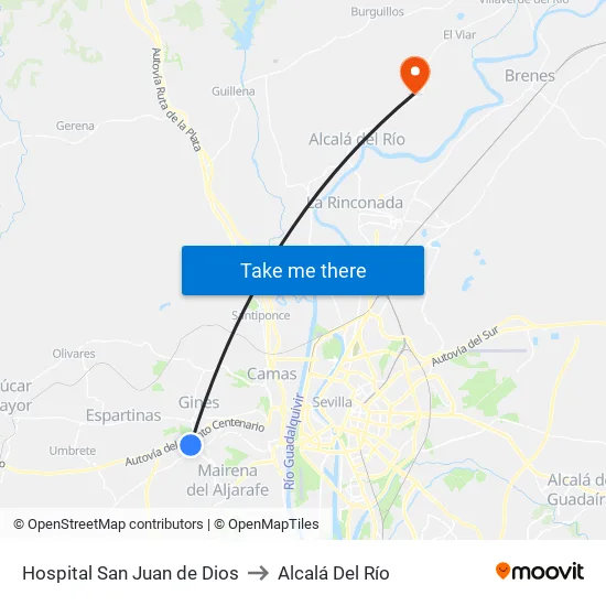 Hospital San Juan de Dios to Alcalá Del Río map
