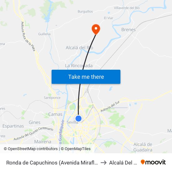 Ronda de Capuchinos (Avenida Miraflores) to Alcalá Del Río map