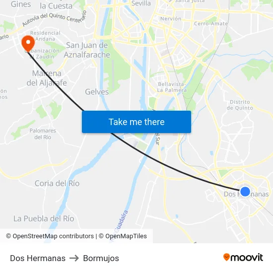 Dos Hermanas to Bormujos map