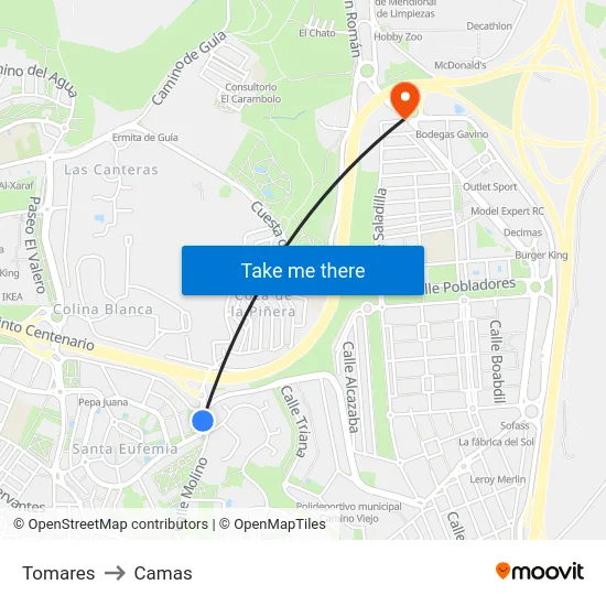 Tomares to Camas map