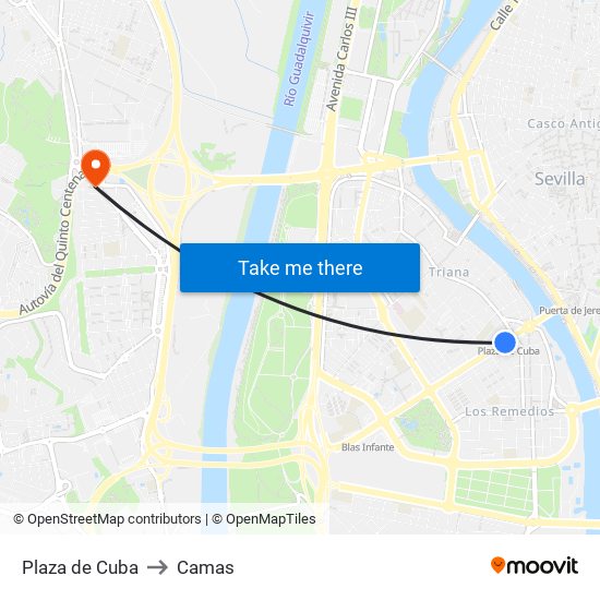 Plaza de Cuba to Camas map