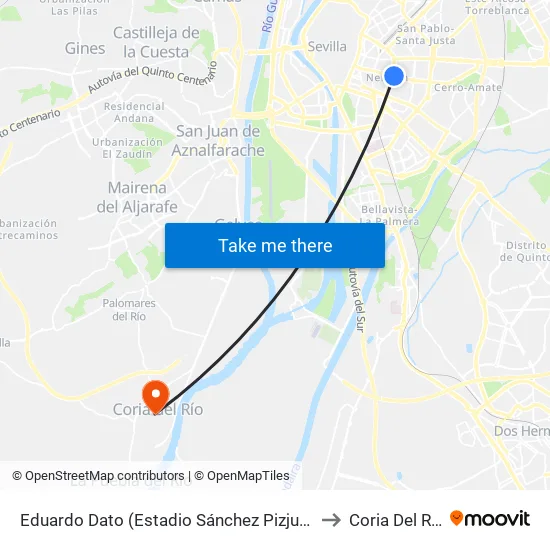 Eduardo Dato (Estadio Sánchez Pizjuán) to Coria Del Río map