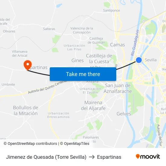 Jimenez de Quesada (Torre Sevilla) to Espartinas map