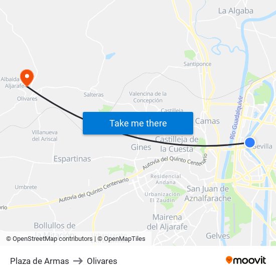 Plaza de Armas to Olivares map