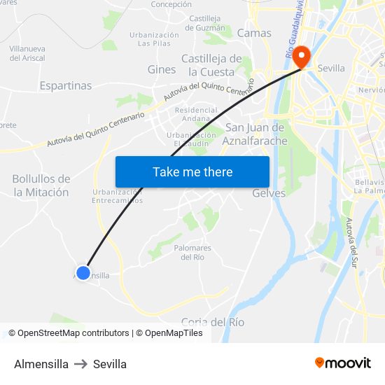 Almensilla to Sevilla map