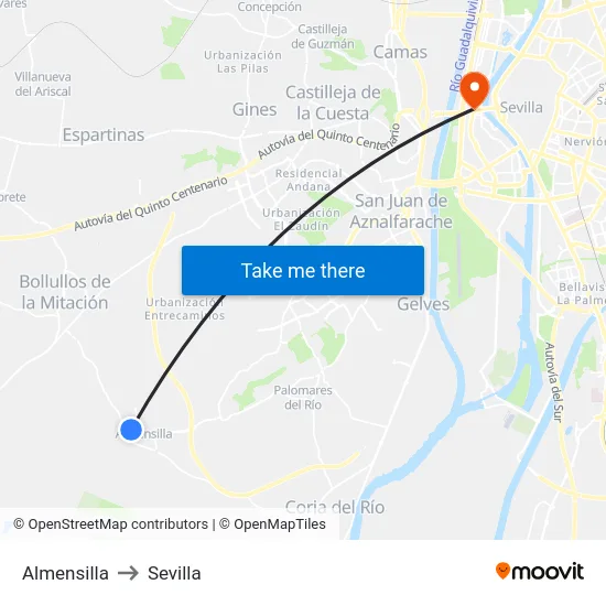 Almensilla to Sevilla map