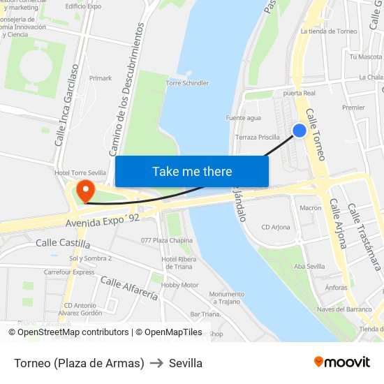 Torneo (Plaza de Armas) to Sevilla map