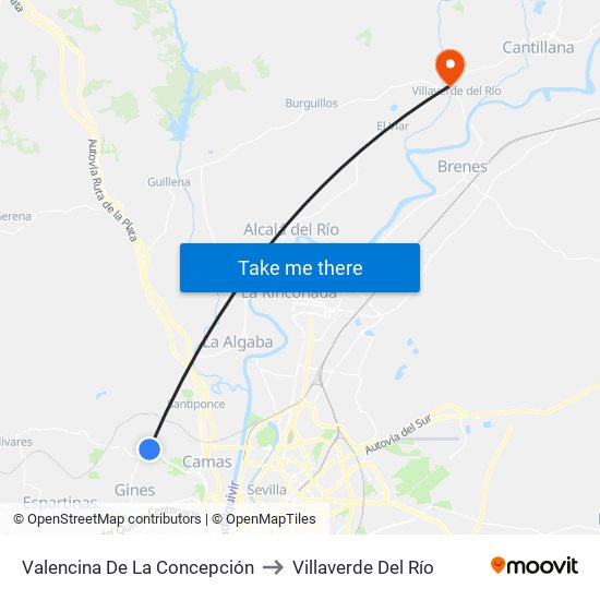 Valencina De La Concepción to Villaverde Del Río map