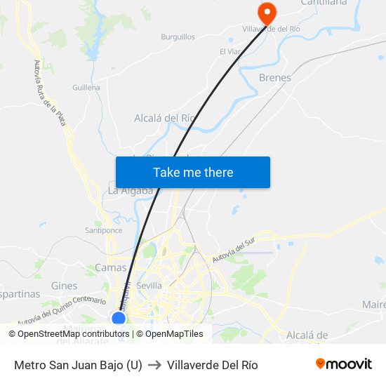 Metro San Juan Bajo (U) to Villaverde Del Río map