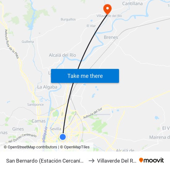 San Bernardo (Estación Cercanías) to Villaverde Del Río map