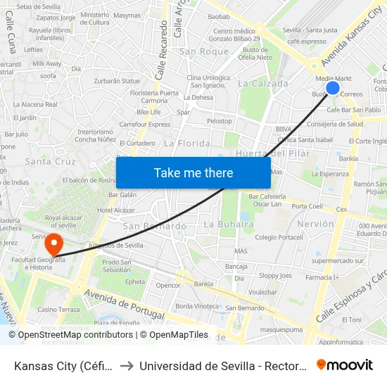 Kansas City (Céfiro) to Universidad de Sevilla - Rectorado map