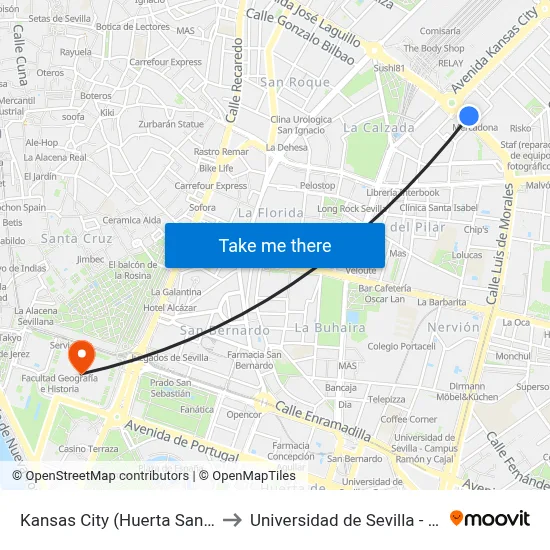 Kansas City (Huerta Santa Teresa) to Universidad de Sevilla - Rectorado map