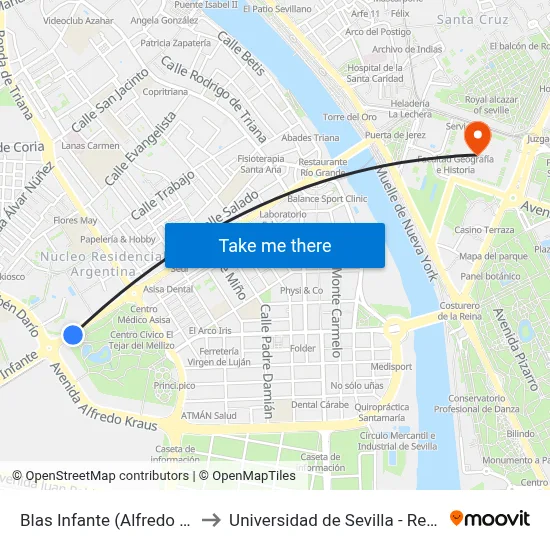 Blas Infante (Alfredo Kraus) to Universidad de Sevilla - Rectorado map