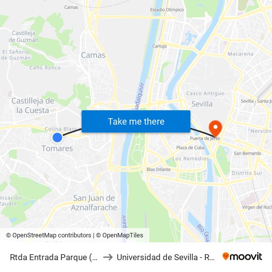 Rtda Entrada Parque (Frente)) to Universidad de Sevilla - Rectorado map
