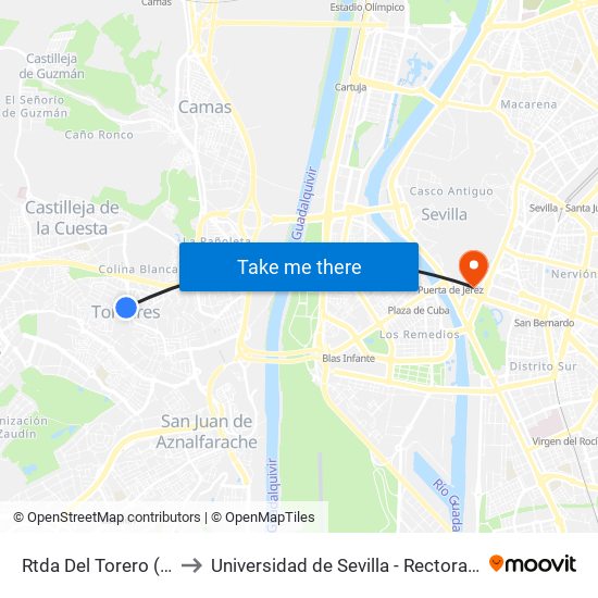 Rtda Del Torero (V) to Universidad de Sevilla - Rectorado map