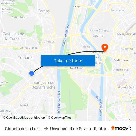 Glorieta de La Luz(V) to Universidad de Sevilla - Rectorado map