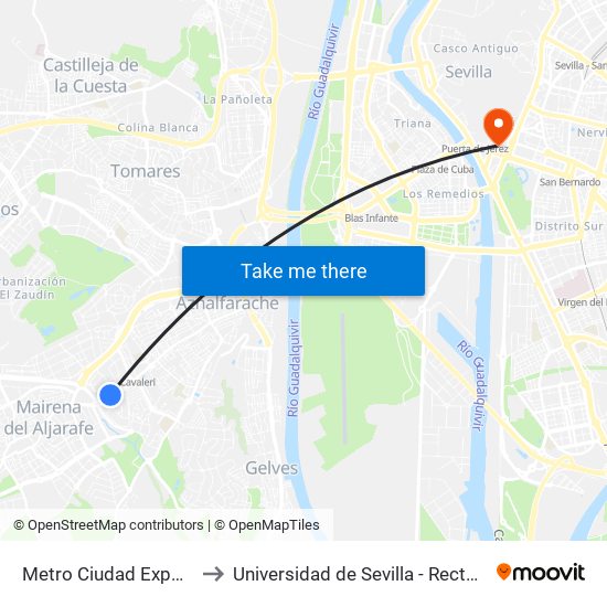 Metro Ciudad Expo (V) to Universidad de Sevilla - Rectorado map