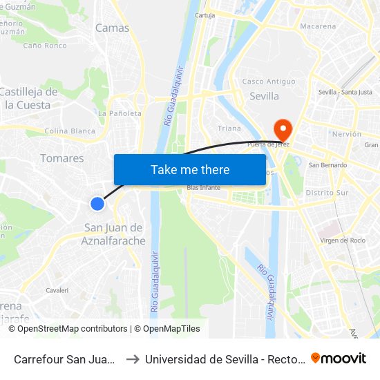 Carrefour San Juan (V) to Universidad de Sevilla - Rectorado map