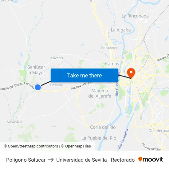Poligono Solucar to Universidad de Sevilla - Rectorado map