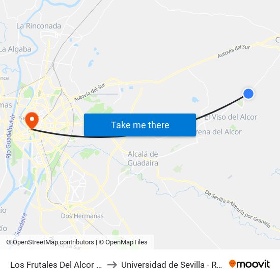 Los Frutales Del Alcor (Frente) to Universidad de Sevilla - Rectorado map