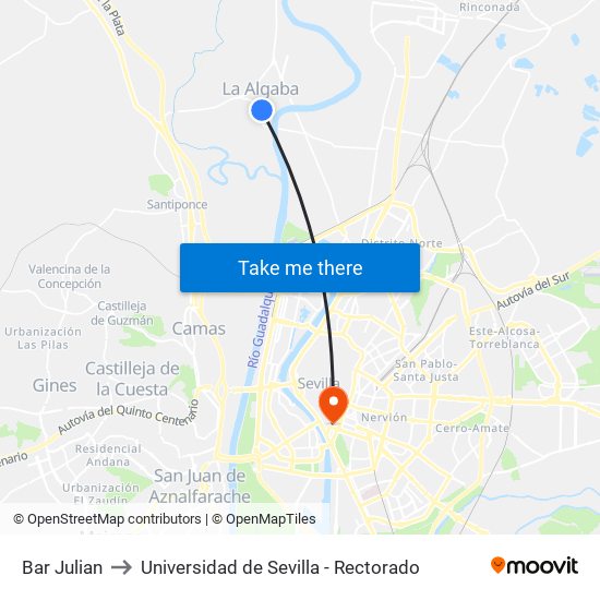 Bar Julian to Universidad de Sevilla - Rectorado map