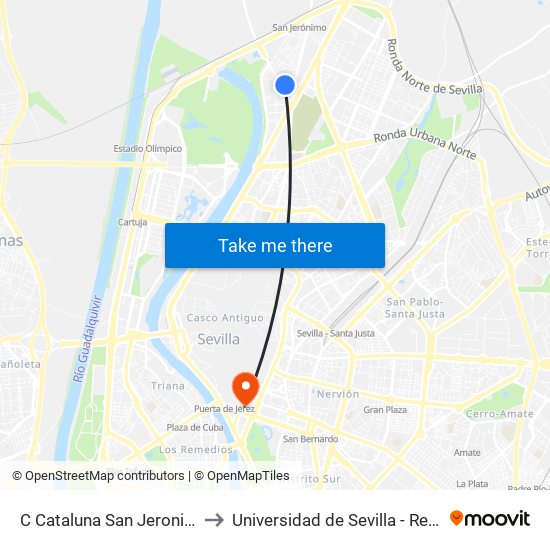 C Cataluna San Jeronimo (V) to Universidad de Sevilla - Rectorado map
