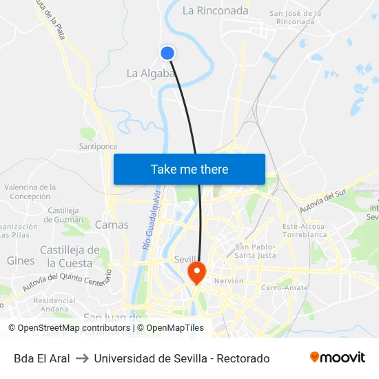 Bda El Aral to Universidad de Sevilla - Rectorado map