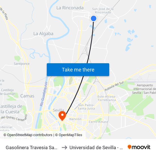 Gasolinera Travesia San Jose (U) to Universidad de Sevilla - Rectorado map