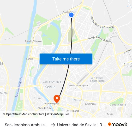 San Jeronimo Ambulatorio (V) to Universidad de Sevilla - Rectorado map