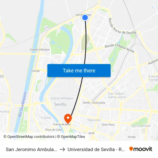 San Jeronimo Ambulatorio (I) to Universidad de Sevilla - Rectorado map