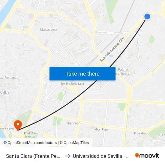 Santa Clara (Frente Peugeot)(V) to Universidad de Sevilla - Rectorado map