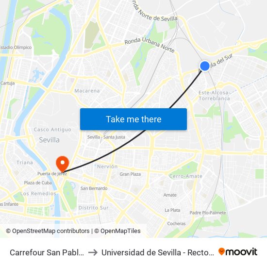 Carrefour San Pablo(I) to Universidad de Sevilla - Rectorado map