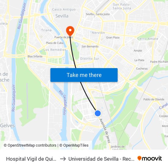 Hospital Vigil de Quinones to Universidad de Sevilla - Rectorado map