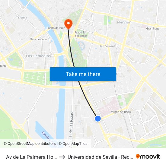 Av de La Palmera Hospital to Universidad de Sevilla - Rectorado map