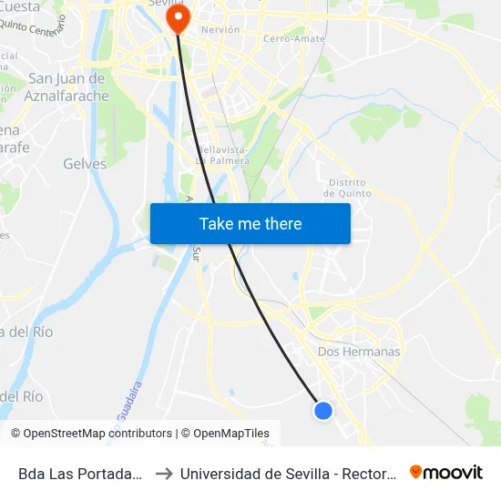 Bda Las Portadas V to Universidad de Sevilla - Rectorado map