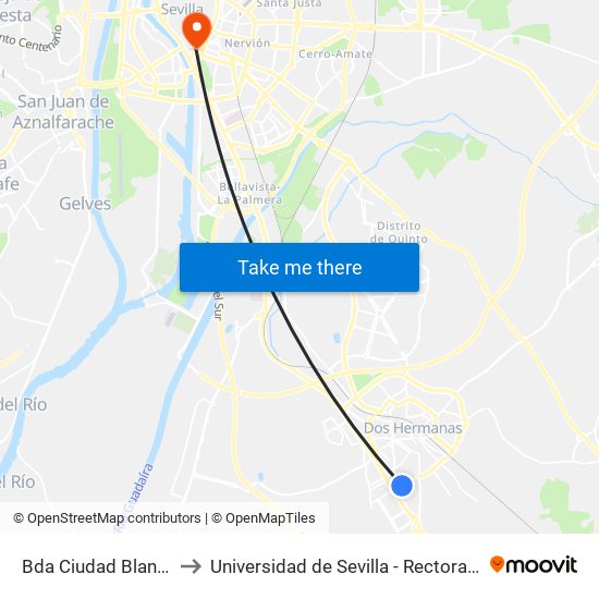 Bda Ciudad Blanca to Universidad de Sevilla - Rectorado map