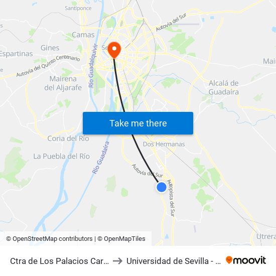 Ctra de Los Palacios Caravanas (V) to Universidad de Sevilla - Rectorado map