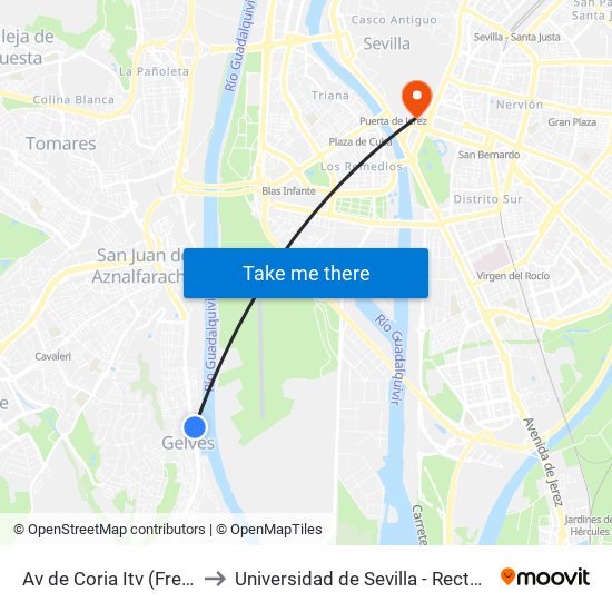 Av de Coria Itv (Frente) to Universidad de Sevilla - Rectorado map