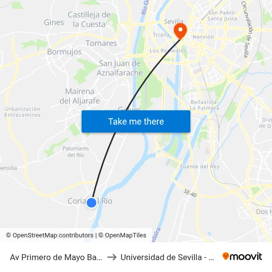 Av Primero de Mayo Bar Arizona to Universidad de Sevilla - Rectorado map