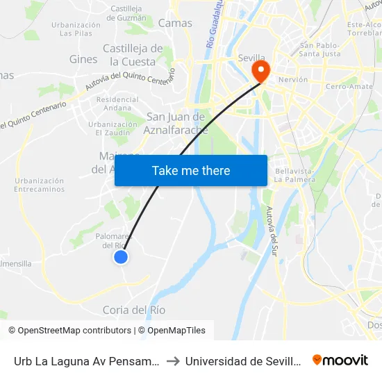 Urb La Laguna Av Pensamientos (Frente) to Universidad de Sevilla - Rectorado map