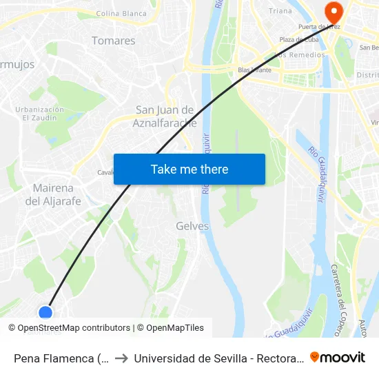 Pena Flamenca (V) to Universidad de Sevilla - Rectorado map
