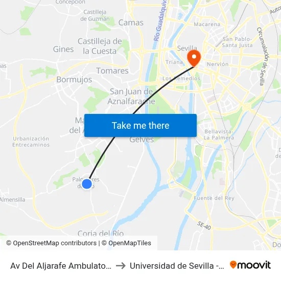 Av Del Aljarafe Ambulatorio (Frente) to Universidad de Sevilla - Rectorado map