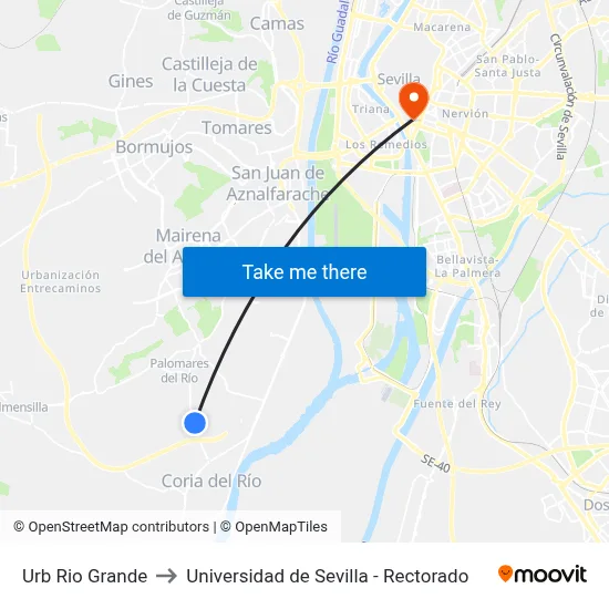 Urb Rio Grande to Universidad de Sevilla - Rectorado map