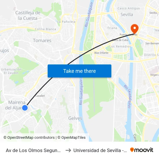 Av de Los Olmos Segunda Parada V to Universidad de Sevilla - Rectorado map