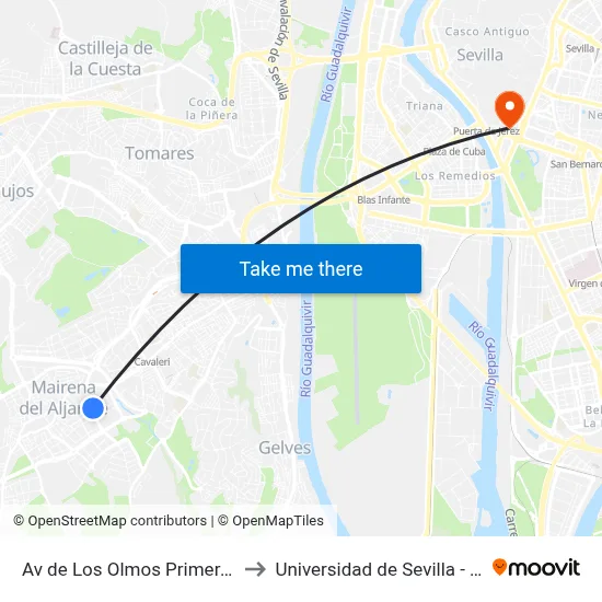 Av de Los Olmos Primera Parada V to Universidad de Sevilla - Rectorado map